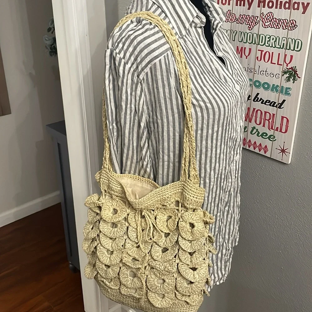 Paper Straw Nylon Beaded Boho Bag Button Loop Closure 11 1/2” wide 11